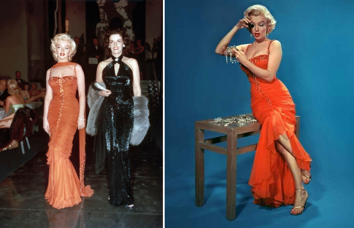Слке - кадр из фильма "Джентльмены предпочитают блондинок" (1953). Справа - Промо-фото к фильму (с) Getty Images