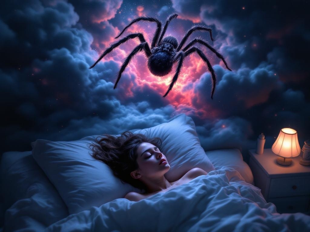    К чему такое снится: На картине изображен момент, когда большой черный паук с белыми пушистыми лапками кусает человека в спину. Человек выглядит шокированным и пытается отбежать, но паук