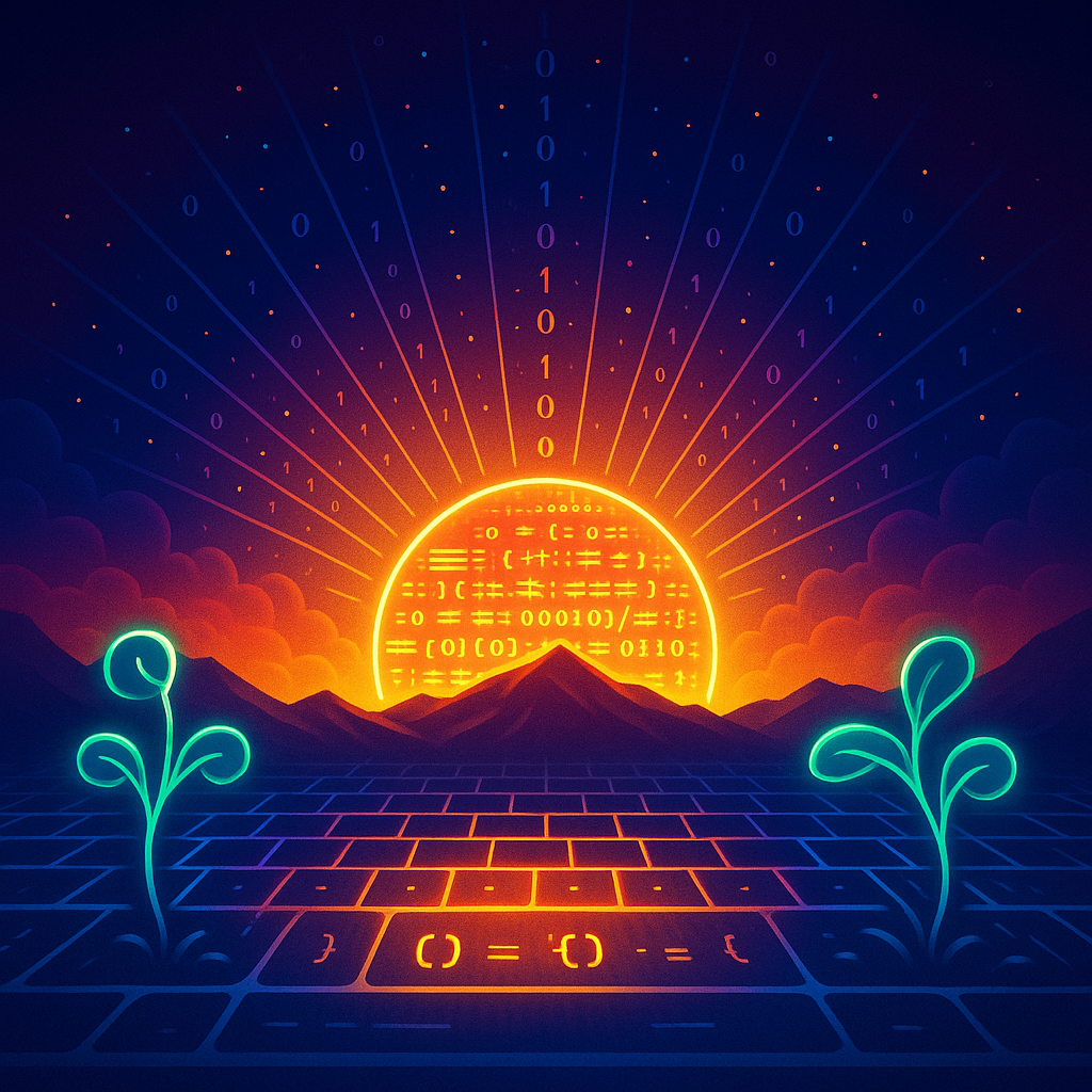 Неоновое «солнце кода» восходит за горным горизонтом, отправляя лучи из двоичных цифр над клавиатурой-долиной, где ростки в форме фигурных скобок символизируют новые навыки, прорастающие в самый благоприятный момент.