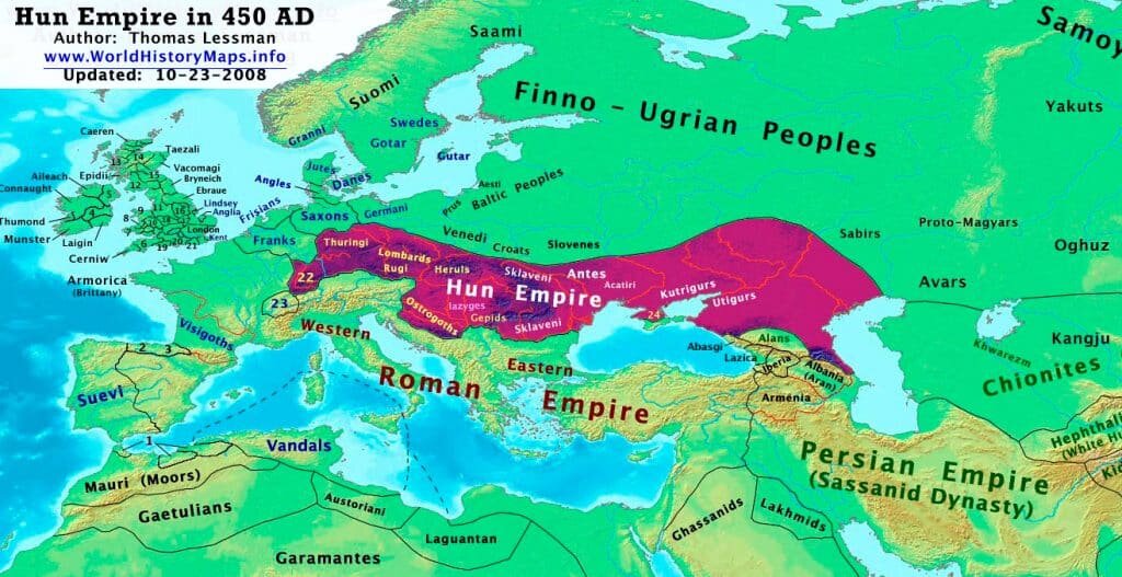    Примерные границы государства гуннов в середине пятого века, накануне его гибели. Территории, куда гунны только совершали набеги, но которые не контролировали, не показаны  / © Wikimedia Commons