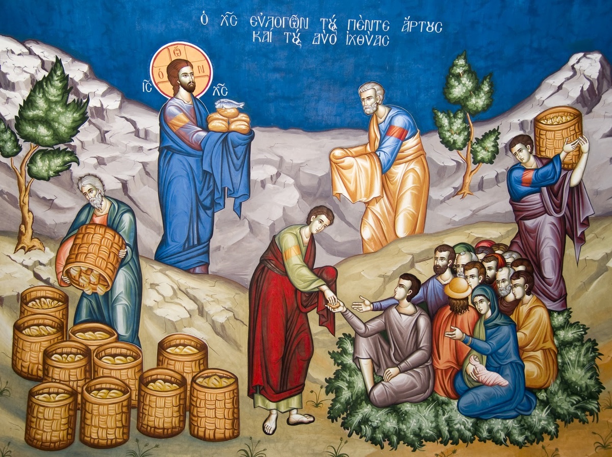 Икона «Чудо насыщения 5 тысяч 5 хлебами». Источник: https://pokrov-nsk.ru/неделя-8-я-по-пятидесятнице-насыщение-5/