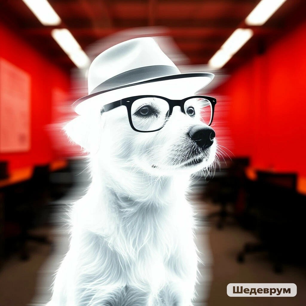 Картинка нейросети. Собака - директор спецотдела. 