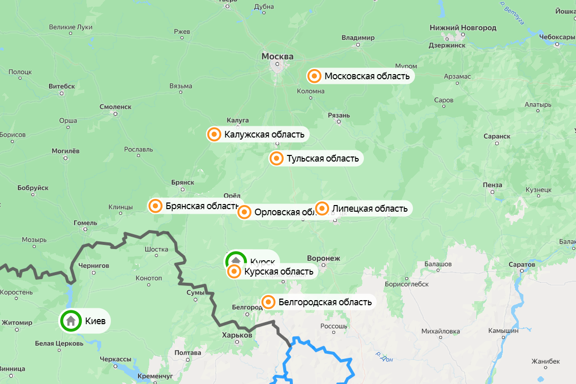 Удары беспилотников ВСУ по территории РФ. Фото: Яндекс Карты