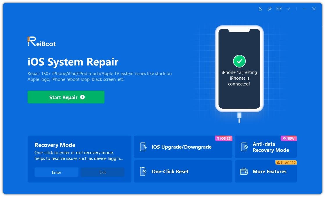 Установите и запустите ReiBoot на компьютере. Подключите iPhone/iPad к этому ПК. Доверяйте устройству при запросе. На главном экране выберите «Обновление/понижение iOS».