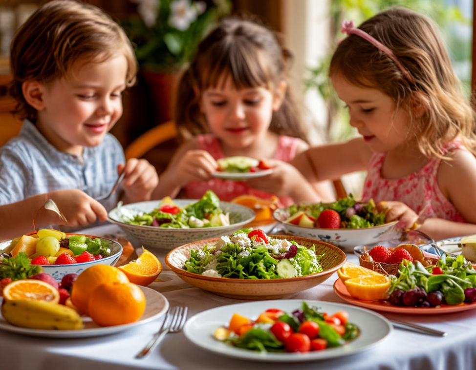 Дети едят овощи и фрукты в отеле
