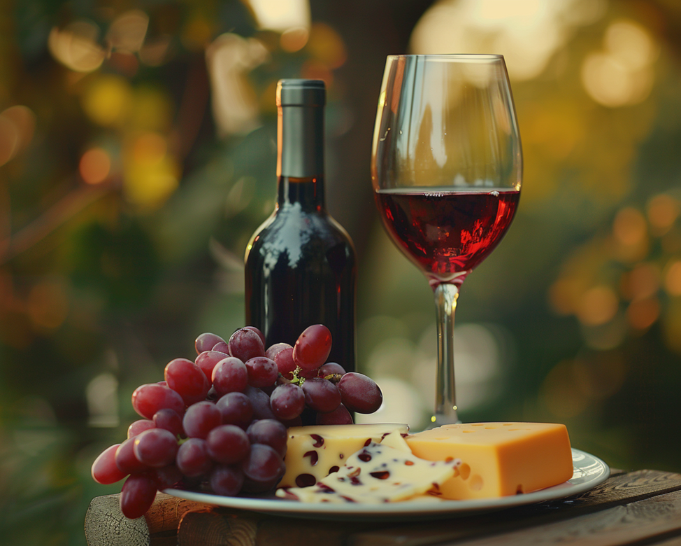 Сыр с виноградом и вином