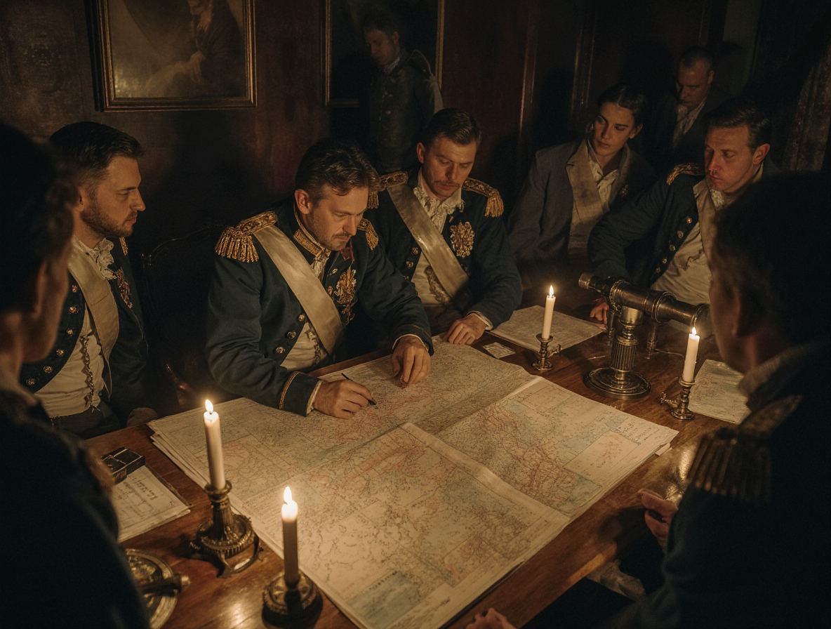 Суворов за разработкой стратегии боя, демонстрирующий свой метод тщательной подготовки