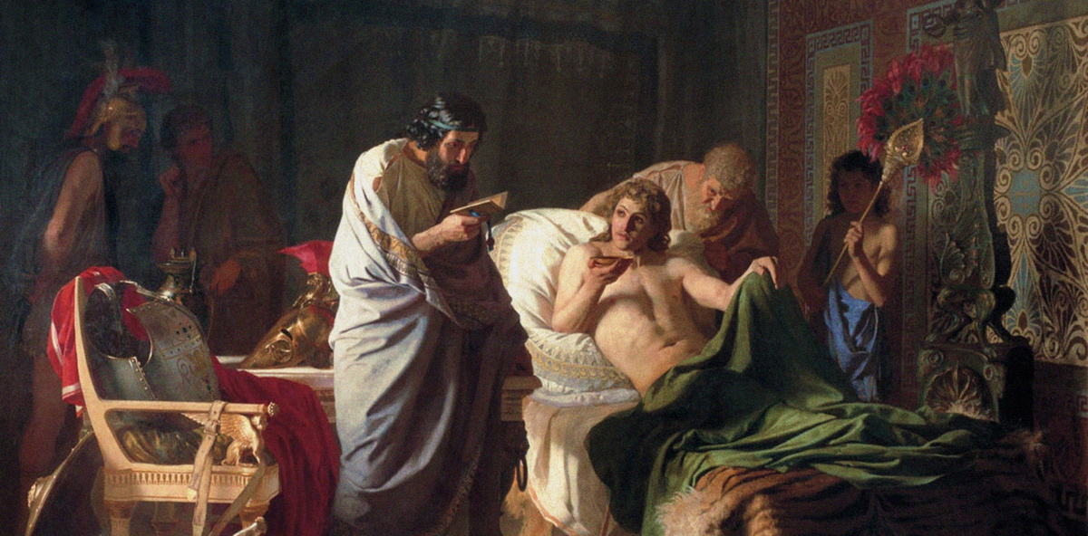 Лекарь стоит над кроватью больного.