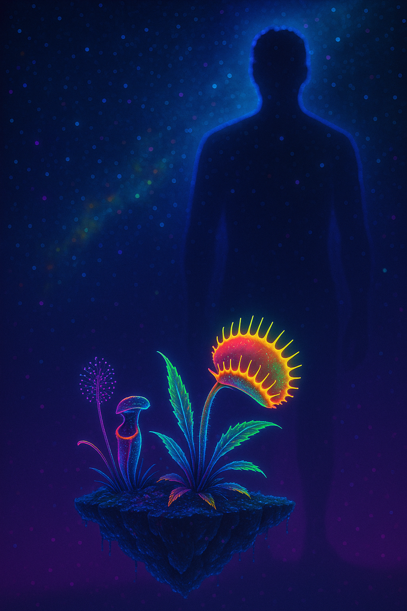 Неоновая венерина мухоловка и её «команда» мини-хищников парят на крошечном островке перед гигантской человеческой тенью и звёздным небом, подчёркивая, почему эти растения так и остались малютками — даже в бескрайней вселенной.