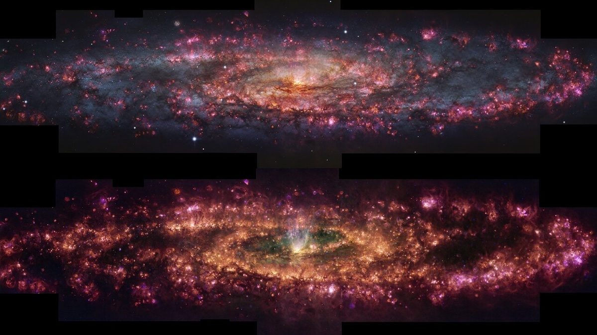    Вверху: снимок-«мозаика» галактики Скульптор. Внизу: совмещенные снимки в ложных цветах, «подсвечивающие» водород, азот, серу и кислород в скоплениях газа. Розовым на снимке «светится» ионизированный газ / © Congiu et al, Astronomy & Astrophysics (2025)