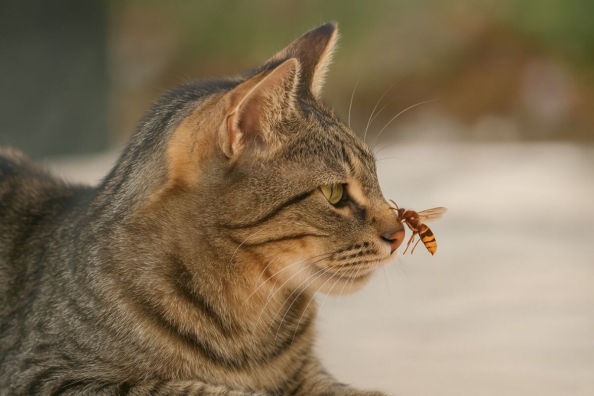 Оса сидит на носу у кота 