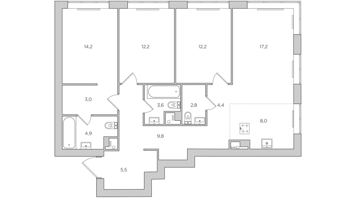 Планировка трехкомнатной квартиры в ЖК West Garden, Sminex