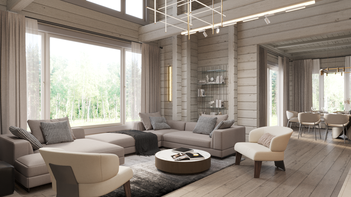 Гостиная в два света с мягкой мебелью