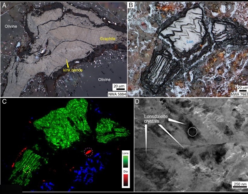  Лонсдейлит — редкая гексагональная форма углерода, образующаяся при мощных метеоритных ударах