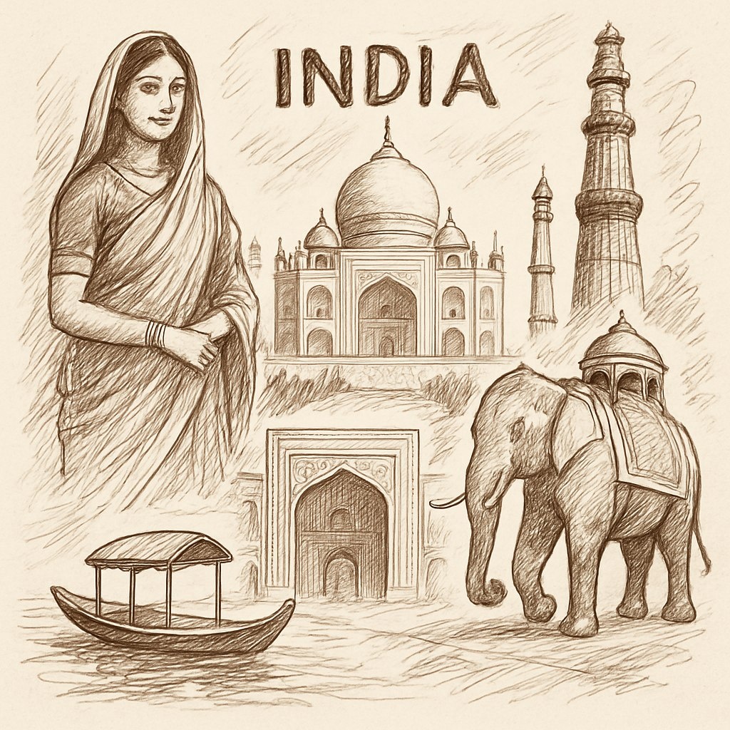 Символы страны — Тадж-Махал, Кутб-Минар, лодка на реке, слон с наездником и женщина в сари — всё, что сразу переносит в атмосферу красочной и загадочной Индии.