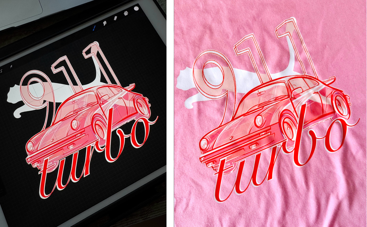 Принт в цифровом виде (слева) и напечатанный на футболке (справа) 