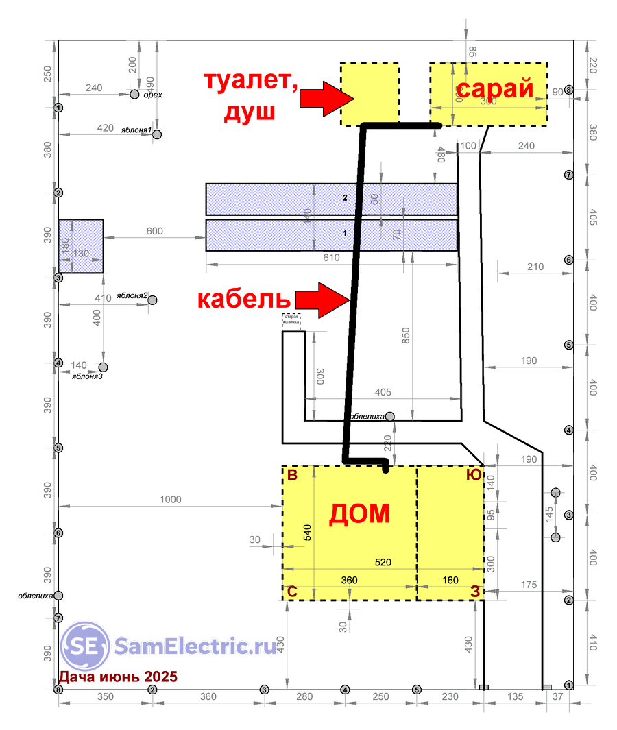 План прокладки кабеля от дома до сарая по воздуху