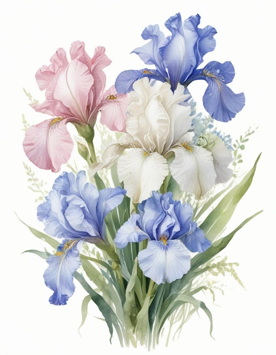 Ирисы, акварельная иллюстрация,AI , творчество на пенсии