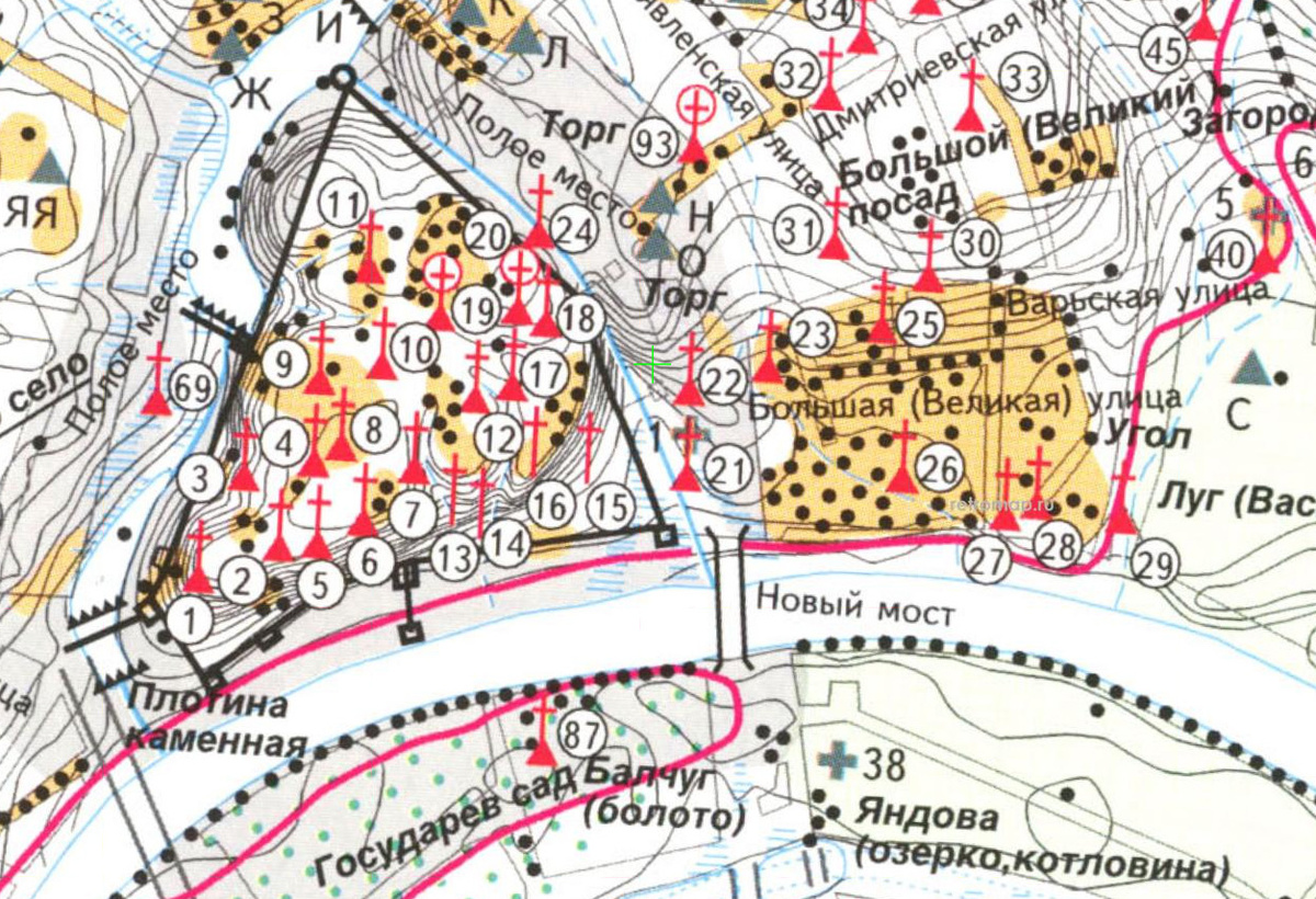 Кремль и Зарядье в 1475 г., схема: Памятники археологии центра Москвы