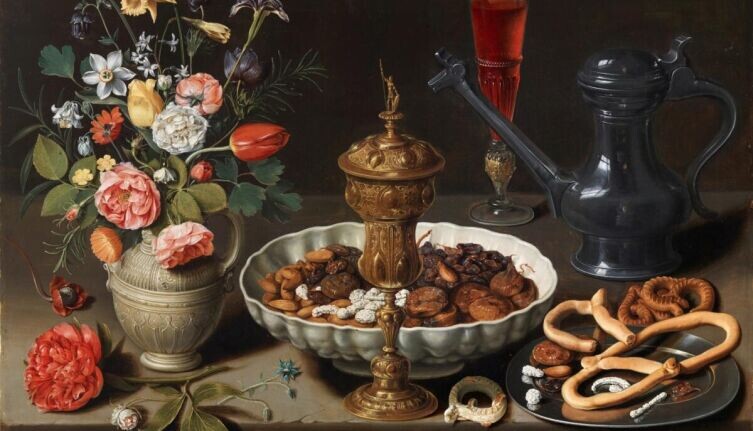     Клара Петерс «Натюрморт с цветами, позолоченным кубком, сухофруктами, конфетами, печеньем, вином и оловянным графином», 1611 г., общественное достояние