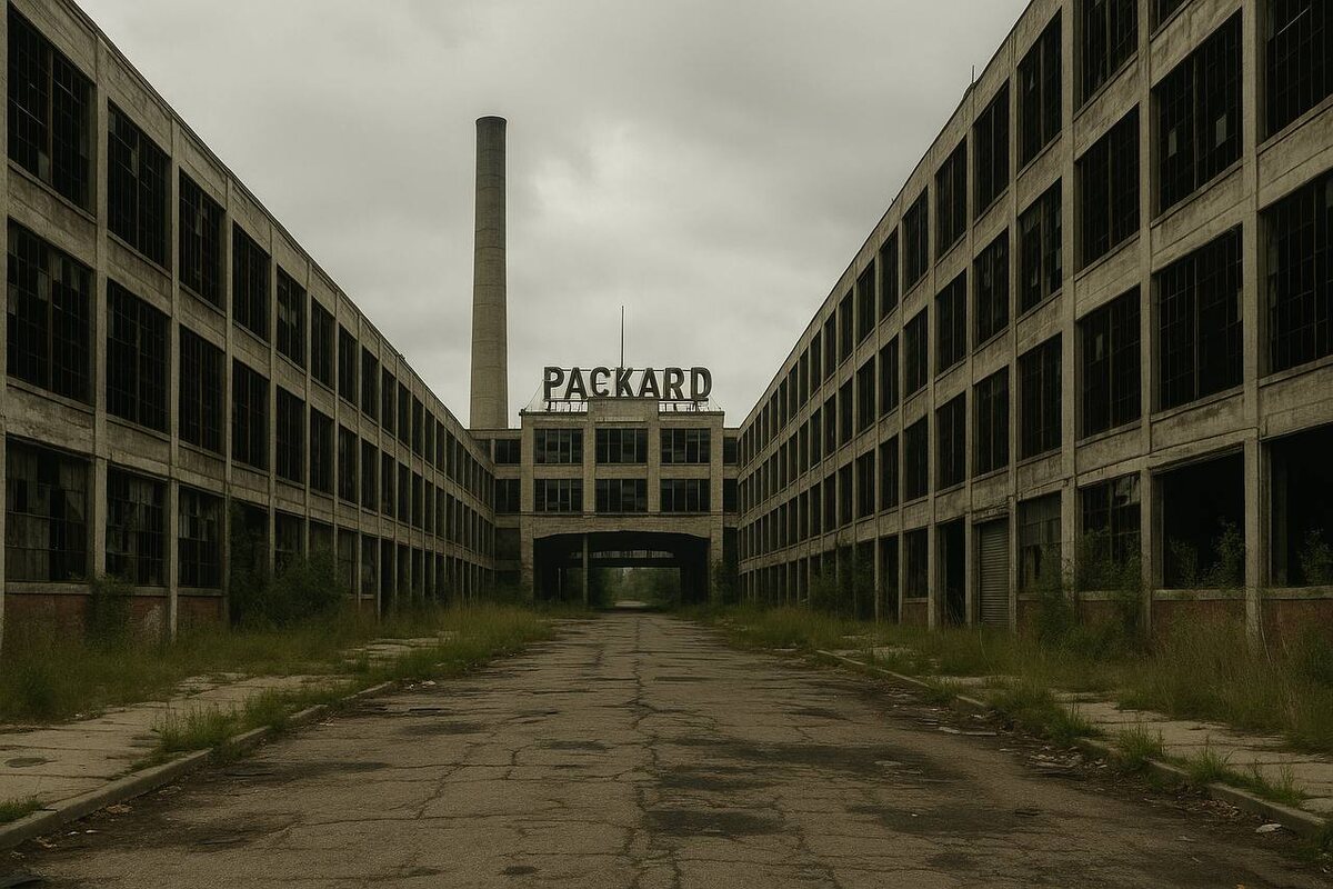 Заброшенный завод Packard в Детройте (1950-е). Источник: ИИ