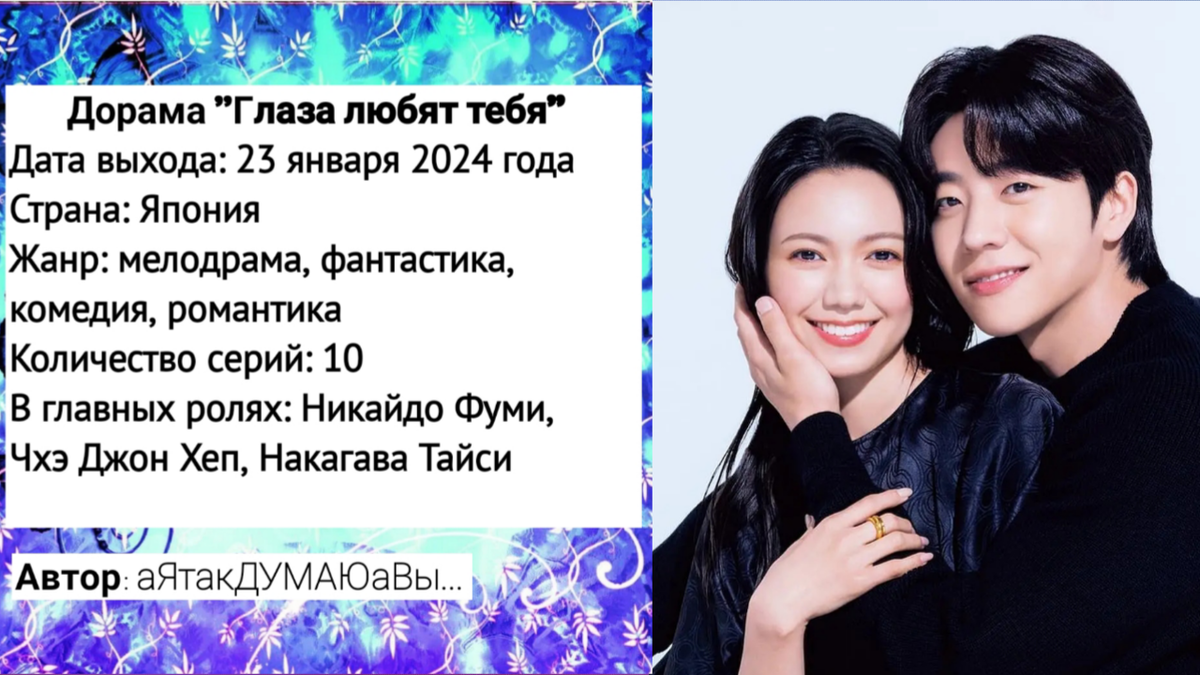 Коллаж создан автором этой статьи. В нем использован постер к дораме "Глаза любят тебя" 2024 года. Источник: https://ru.kinorium.com/10993680/gallery/poster/?photo=52750394