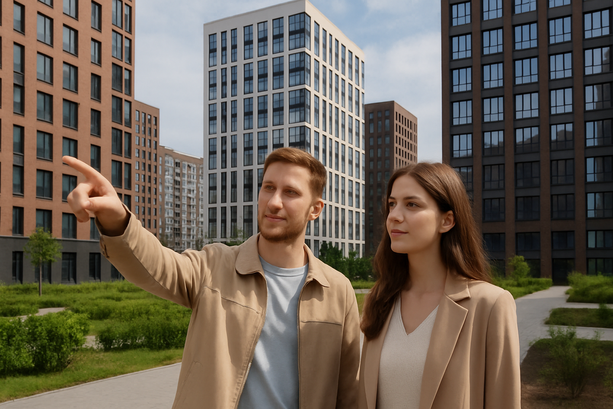 Современный жилой квартал Москвы, люди, городская жизнь.