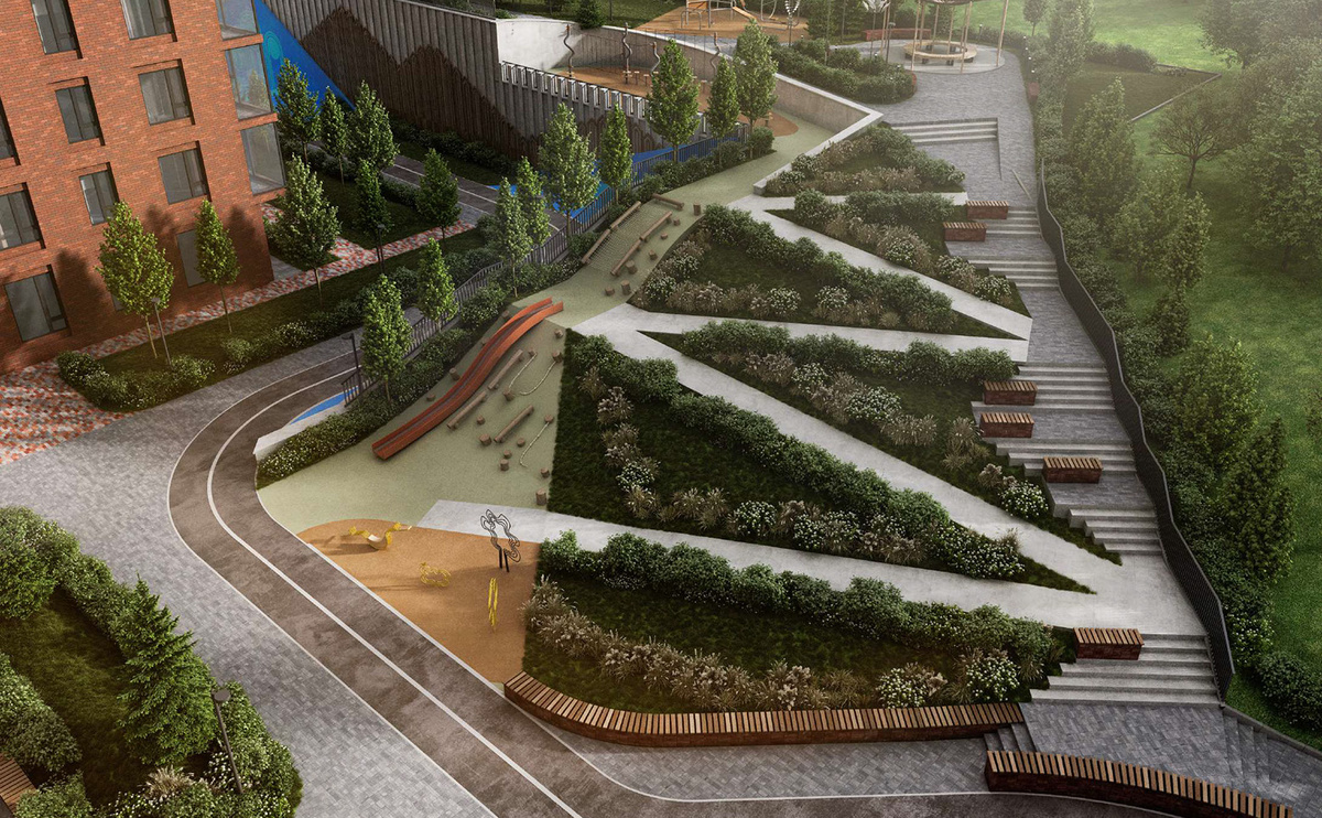 Жилой комплекс Паскаль внутреняя визуалиция двора, проект рядом с Локомотив Ареной