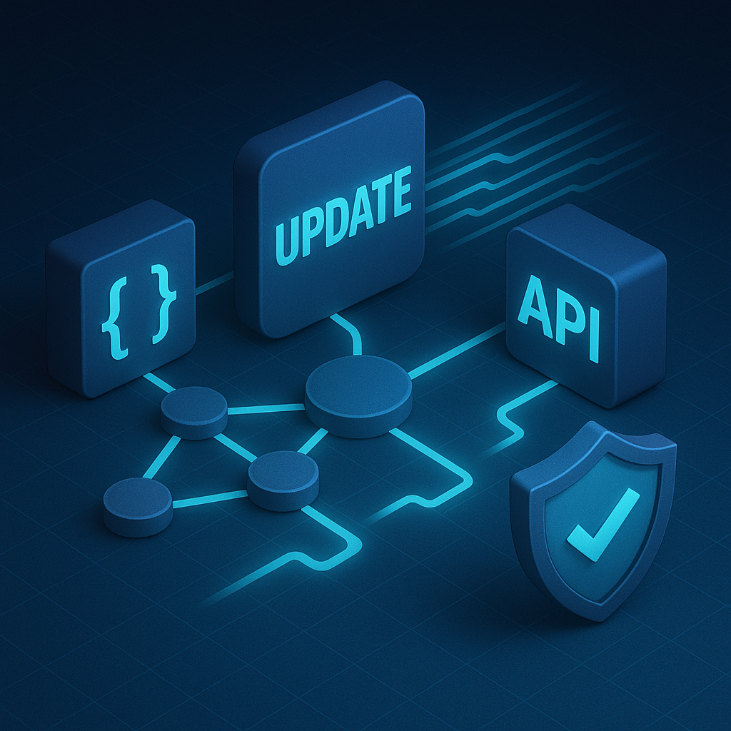 Тёмно-синяя изометрическая сцена: в центре сияющая сеть узлов и линий данных, слева куб с фигурными скобками намекает на JSON, справа куб «API», впереди щит с галочкой символизирует OAuth-защиту; всё объединено эффектом «обновление протокола» и подчёркивает новые функции MCP 2025-06-18.