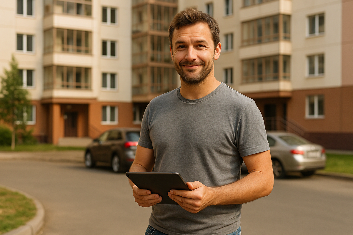 Честный риелтор в московском дворе, с планшетом, на фоне новостройки