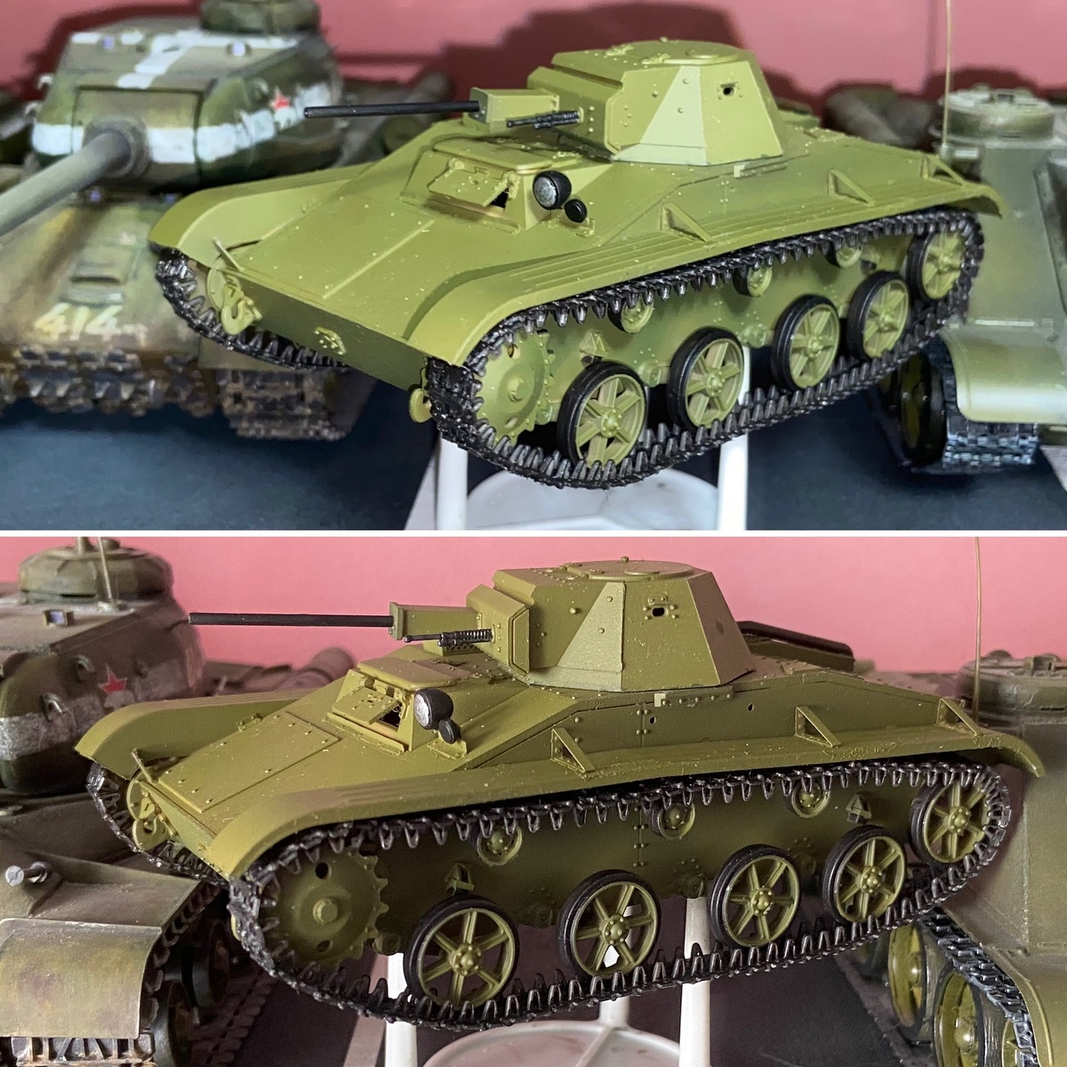 Когда просто включил свет и повернул модель. Модель советского лёгкого танка Т-60. Масштаб 1/35. Производитель: "ХоббиБосс". Авторы: Анна (волонтёр "ГумПомощьОмск"), Фото из личного архива автора, © 2025 год