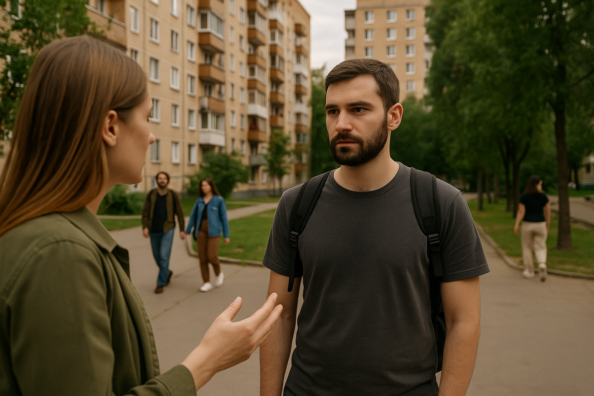 Люди гуляют по двору в Медведково — типичный московский спальный район