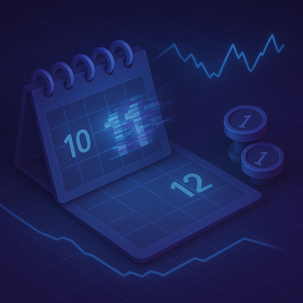 Изометрический календарь на тёмно-синем фоне: между датами «10» и «12» искажённый неоновый «11» будто стирается; вокруг — график Ngrams с провалом и винтажные клавиши пишущей машинки с цифрой «1», подчёркивающие типографическую причину «пропажи» 11-го числа.