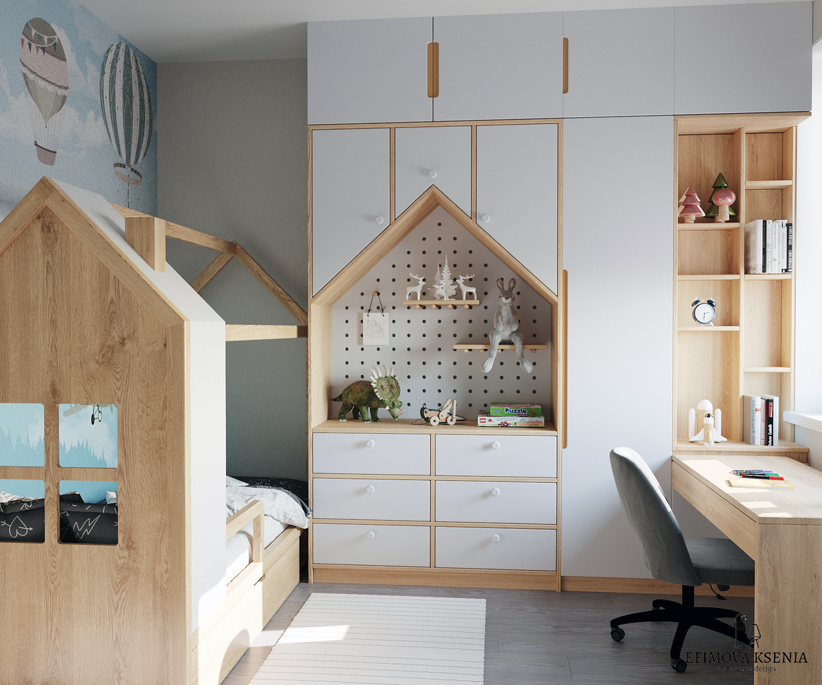 Системы хранения – это искусство компромисса. Используйте разные цвета для полок, подпишите имена или нарисуйте милые картинки. Так каждый ребёнок будет знать свои границы, но при этом чувствовать себя частью общего пространств