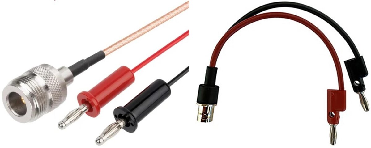 Измерительные кабели, слева направо: 1) N-розетка – бананы; источник изображения https://aliexpress.ru.   2) Adapter BNC Female to Banana Plugs  источник изображения https://automotivetestsolutions.com 