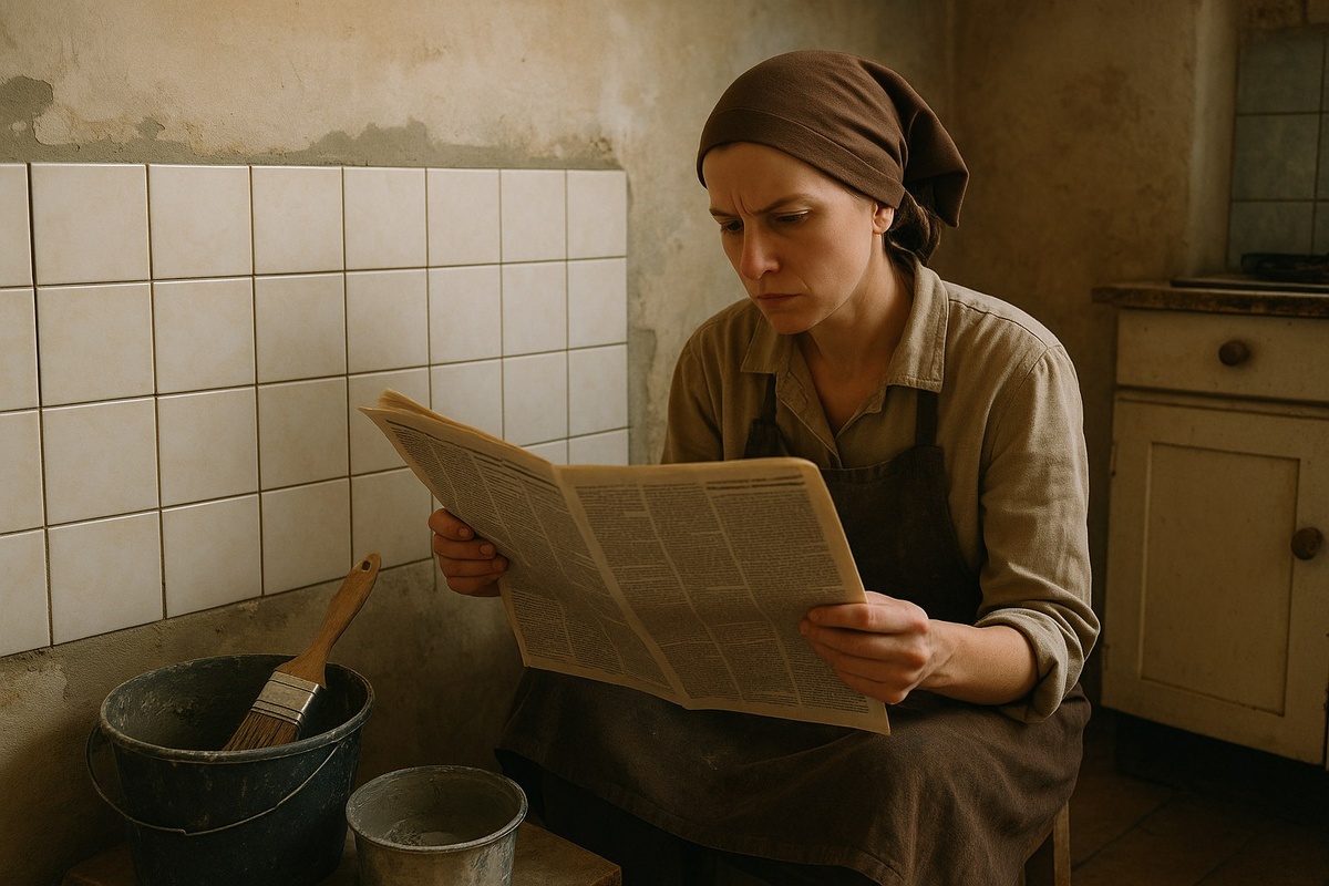 Советская женщина в процессе ремонта кухни — с газетой вместо инструкции, с вёдрами и кистью под рукой. Плитка только что наклеена, стены ещё сырые, но в её взгляде — решимость и практичность. Так выглядел настоящий "дизайн интерьера" по-советски: своими руками, по наитию, с надеждой на уют.