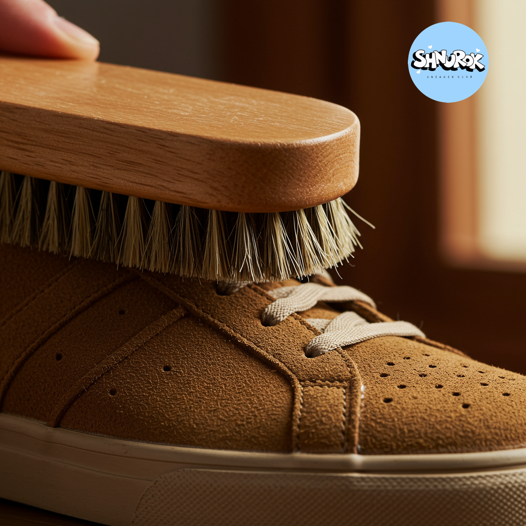 Щеткой — только в одном направлении, чтобы поднять ворс