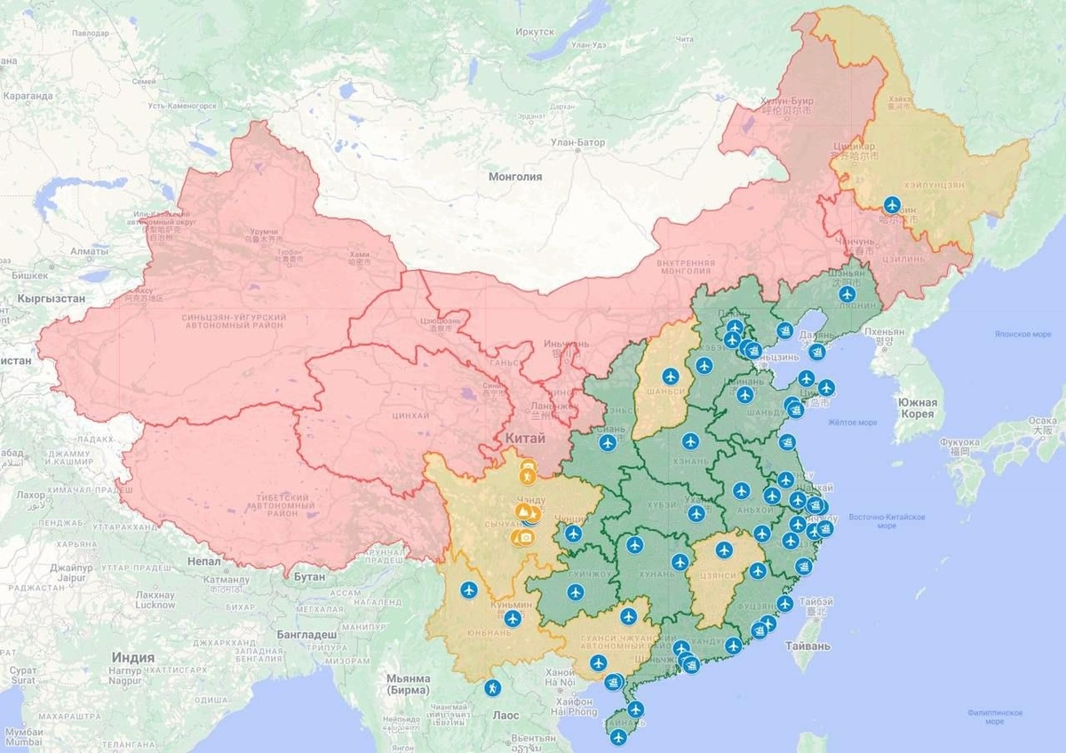 Заодно она прислала карту провинций. Зелёное и жёлтое, насколько я поняла — провинции, доступные для транзитных перемещений