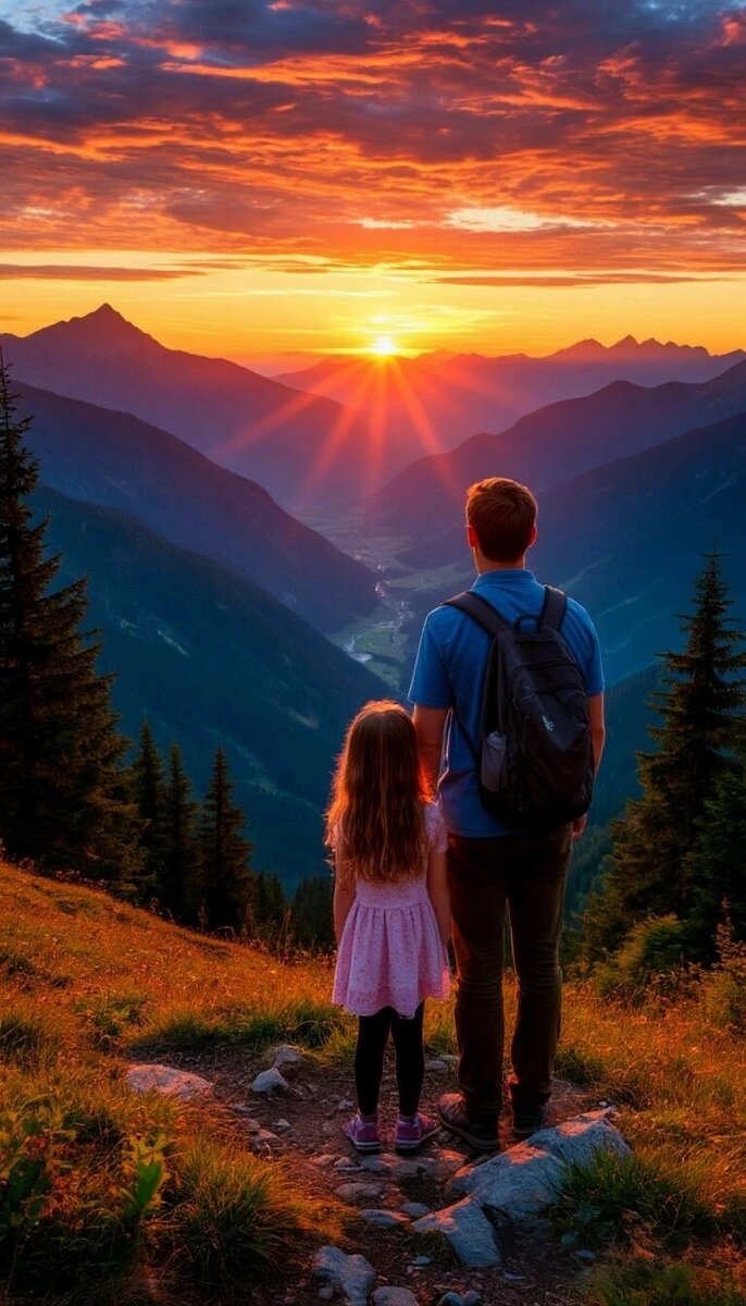 Отец с дочкой на фоне заката
