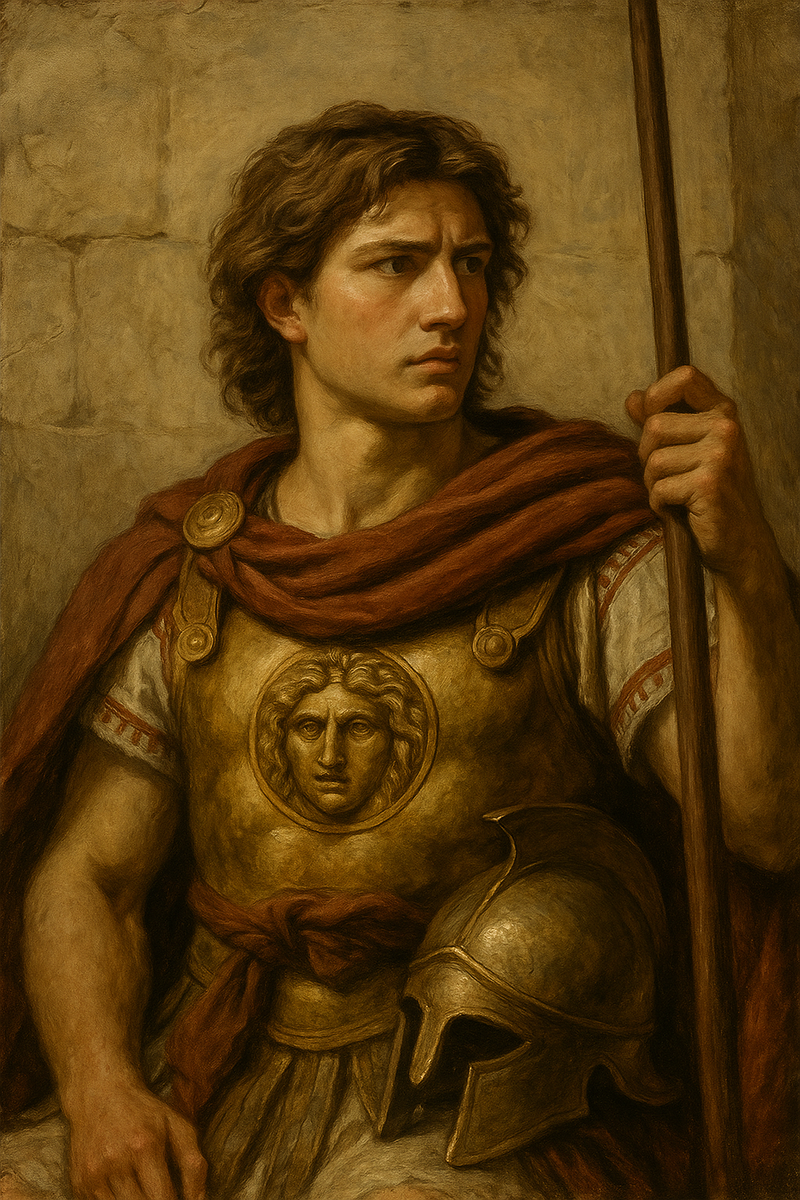 Молодой Александр в доспехах — ещё не завоевал полмира, но уже собирает знания, как бафы перед рейдом. Взгляд — будто только что выучил тактику победы над Персией. 🧠⚔️