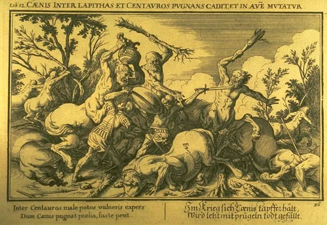 Кеней сражается с кентаврами во время Кентавромахии — мифической битвы между человеческим родом и кентаврами 