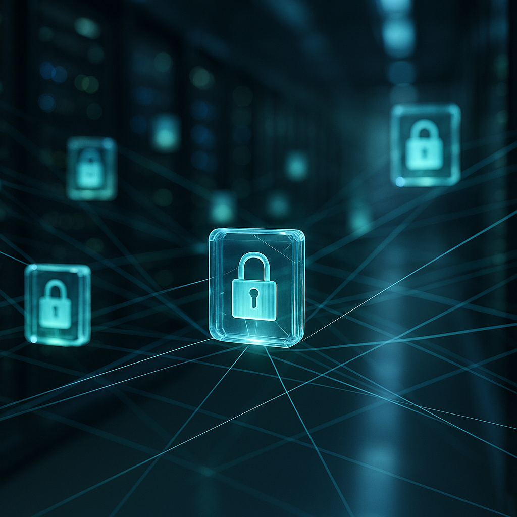 Фотореалистичная визуализация защищённых CRDT-данных: полупрозрачные «пакеты» со светящимися замками парят между стойками серверов, соединённые тонкой оптоволоконной паутиной.