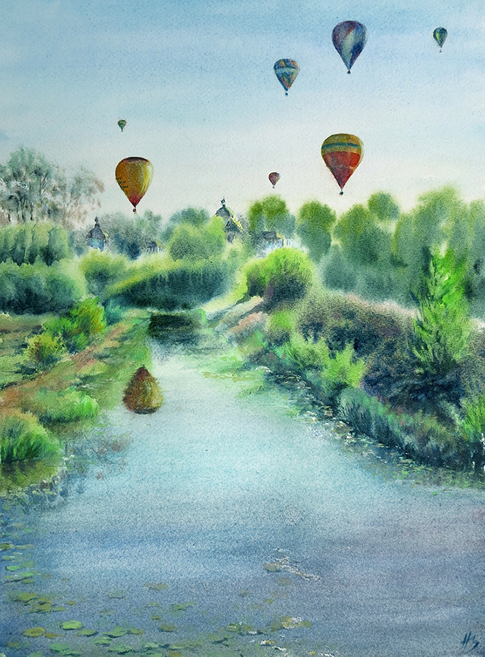 Полет над Суздалем, 2024 г., материалы: бумага, акварель, размер: 40 х 30 см. Источник: https://artsreda.ru