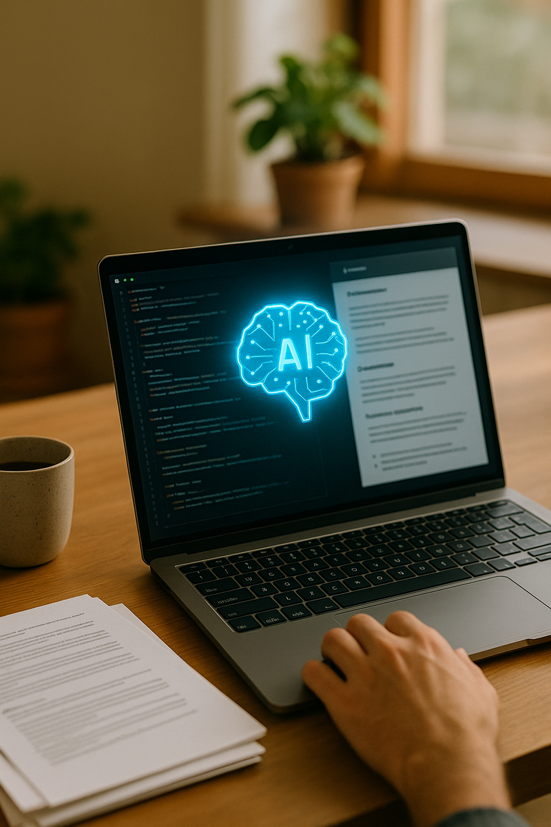 Рабочий стол разработчика в лучах утреннего солнца: на экране ноутбука — код и структурированная документация, поверх которой «парит» неоновый символ мозга-ИИ; рядом лежит стопка распечаток и кружка кофе.