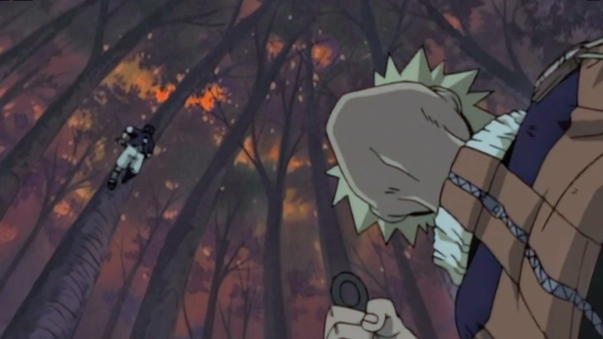 Научиться бегать по деревьям не так-то просто, но весь секрет - в концентрации (кадр м/с Наруто, 1 сезон 11 серия)