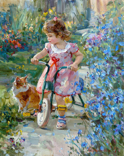 Девочка на велосипеде и кот - картина Сальниковой Елены