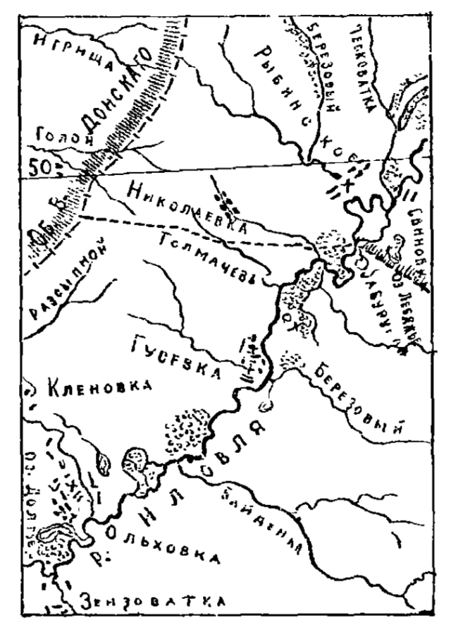 Карта к статье «Гусевка» Историко-географического словаря Саратовской губернии А.Н. Минха. На карте показано местоположение села (ныне не существует) и его окрестности. Фото является общественным достоянием.