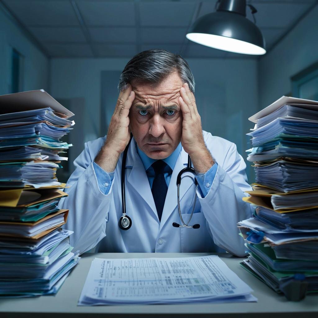 Врача в медицинском халате, подверженный высоким нагрузкам и стрессу.