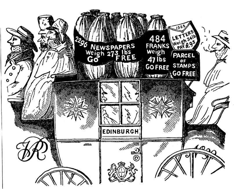 Карикатура Генри Коула (Henry Cole), опубликованная в «Почтовом циркуляре» («PostCircular») № 12 за 1838 г. Изображена эдинбургская почтовая карета с охранником, кучером и двумя пассажирами. Три бесплатные упаковки с газетами, государственными документами и почтовыми марками занимают всю крышу, а небольшая связка платных писем громоздится сверху. Пропорции платных и бесплатных почтовых отправлений соответствуют пропорциям почты, отправленной 2 марта 1838 года.
