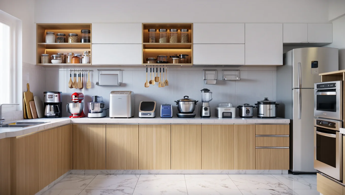 Лишние и редко используемые приборы занимают место на столешницах, предметы расположены не совсем удобно, но всё чисто — визуально почти незаметные неудобства реальной жизни